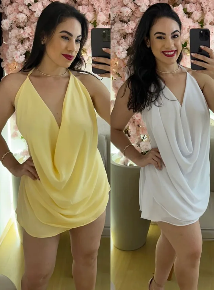 Modelo em duas fotos com blusa frente única drapeada, em amarelo e em branco